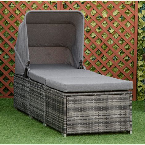 PE-Rattanliege mit verstellbarem Sonnendach und Kissen, Grau 195 x 65 x 40 cm OKMYHOME (1/5)