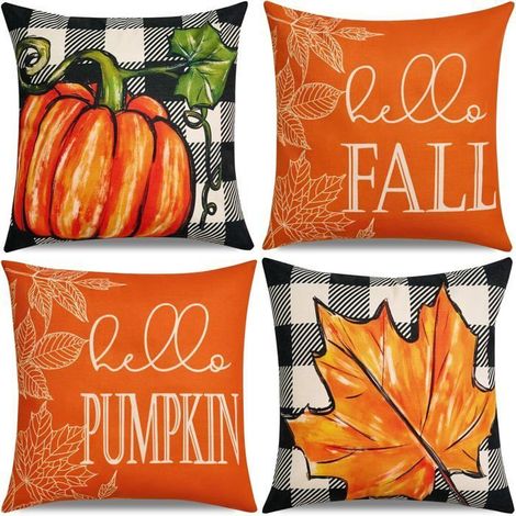 Lot de 4 housses de coussin d'automne 45 x 45 cm, motif citrouille pour Thanksgiving, décoration de vacances d'automne - Convient (1/3)