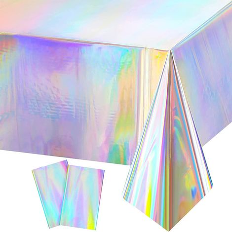 2 nappes de table en plastique irisé effet holographique, 137 x 274 cm, pour mariage, anniversaire, bal, décoration événementielle (1/5)