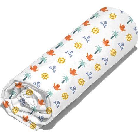 Drap housse 90x190 cm en coton 110 g/m² – Bonnet 23 cm pour matelas jusqu'à 18 cm – Motif pirate coloré – Entretien facile – Linnea (1/5)