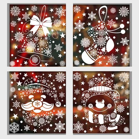 Autocollants de Noël, flocons de neige blancs, cadeaux, sapin du Père Noël, autocollants pour fenêtres, bonhomme de neige, chaussettes de Noël, rennes, décorations de fenêtres, autocollants statiques.