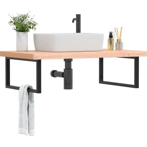 Waschbeckenregal Wandmontage Stahl und Massivholz Buche