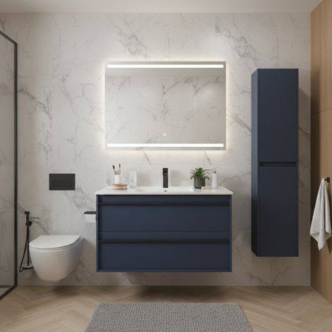 Mobile Bagno Sospeso 100 cm con Lavabo in Ceramica e 2 Cassetti Blu Satinato – Urban