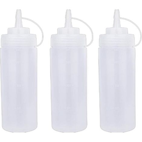 Lot de 3 flacons souples de 360 ml, en plastique blanc avec bouchon verseur, pour garnitures, sauces ou pâtes à frire. Dimensions : 6 x 6 x 20 cm. (1/5)