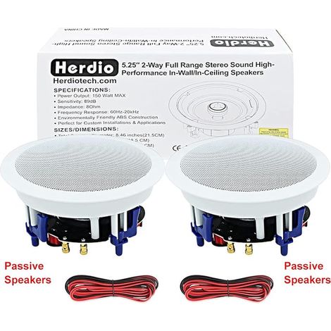 Herdio 5,25 Pouces Enceinte Encastrable Plafond, Haut-Parleur encastré Plafond pour Salle de Bain, Enceintes murales pour la Cuisine, Chambre, Porche Couvert(8 ohms 300 Watts) (1/3)