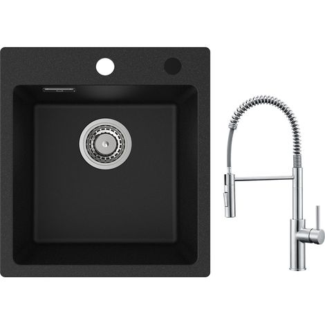 Cecipa Evier Quartz Noir 40x45cm Evier de Cuisine en Granit Evier à Encastrer 1 Vasque + Mitigeur de Cuisine à Ressort avec Douchette Extractible, Robinet Evier 2 Modes de Sortie D'eau, Brossé (1/5)