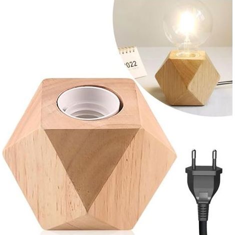 NizLampe de table en bois - Culot E27 - Petite lampe de chevet avec base en bois de diamant - Prise européenne - Culot en bois E27 - Parfaite pour chambre à coucher, salon, bureau (sans ampoule) [Clas (1/5)