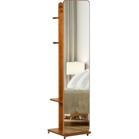 Miroir sur Pied avec roulettes - Portant, 4 patères étagère MDF Aspect Noyer (1/5)