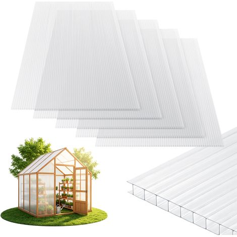 TolleTour 5 plaques alvéolaires en polycarbonate 8 mm transparentes, 60,5 x 121 cm, 3,66 m², protection UV pour serre et carport (1/5)