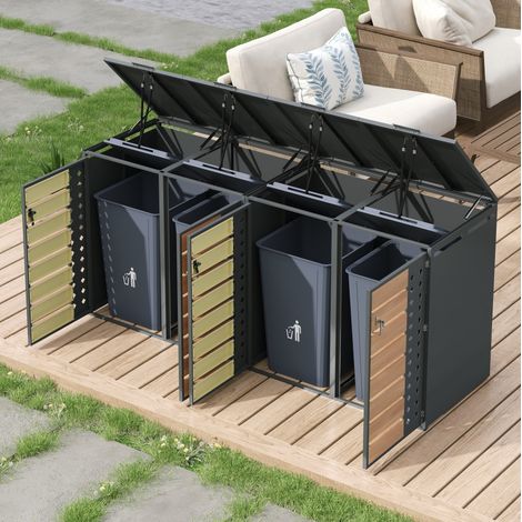 Cache-poubelles 4 portes verrouillables, couvercle relevable, acier galvanisé gris/bois OKMYHOME (1/5)