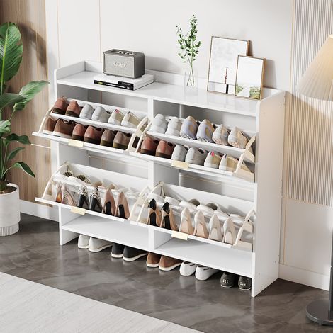 Meuble à chaussures moderne – 4 compartiments basculants – Étagère autoportante – Rangements ouverts – Blanc – 110 × 24 × 90 cm – Pour entrée ou couloir (1/5)