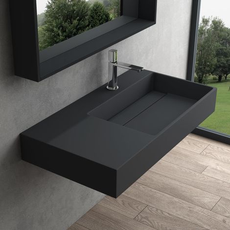 Mai & Mai Lavabo da Appoggio Rettangolare 100x48x13cm, Lavandino Bagno a Muro Lavabo da Minerale Fuso Senza Troppopieno, Antracite Opaco Col12-R (1/5)