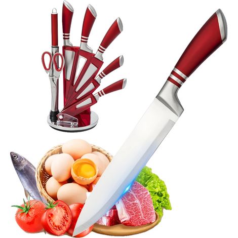 Juego de cuchillos de cocina, acero inoxidable de alto carbono, diseño ergonómico, rojo. (1/2)