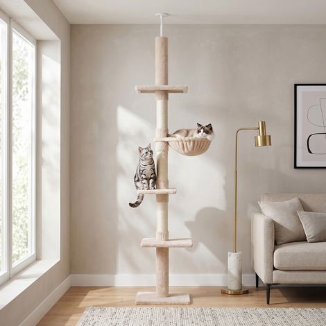 Arbre à gratter multiliveau à plafond avec hamac et hauteur réglable, 40x34x230-260cm, beige (1/5)