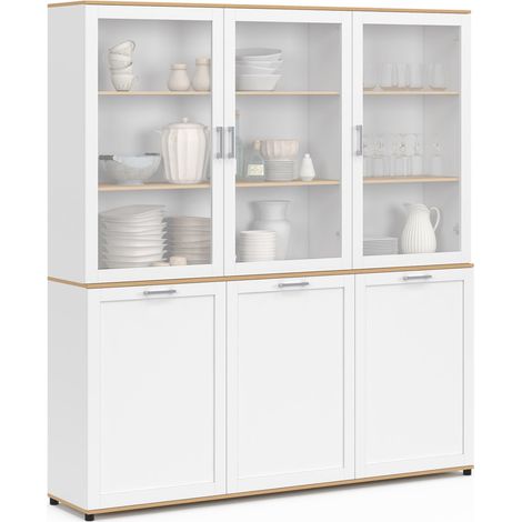 Idmarket – Buffet vaisselier 160 cm 6 portes – Blanc et bois – 3 étagères ajustables – Meuble de rangement moderne pour salon ou salle à manger (1/5)