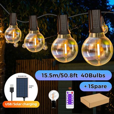Guirlande lumineuse solaire d'extérieur (15,5 m, 41 ampoules) avec ampoules LED incassables G40, résistante aux intempéries et idéale pour un coin repas dans votre jardin. (1/5)