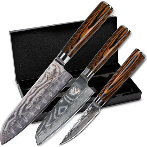 Set de 3 couteaux Damas Santoku (30/24/20 cm) - Acier damassé 67 couches - Couteaux de cuisine pro avec Santoku, office, boîte cadeau et protège-lame (1/5)