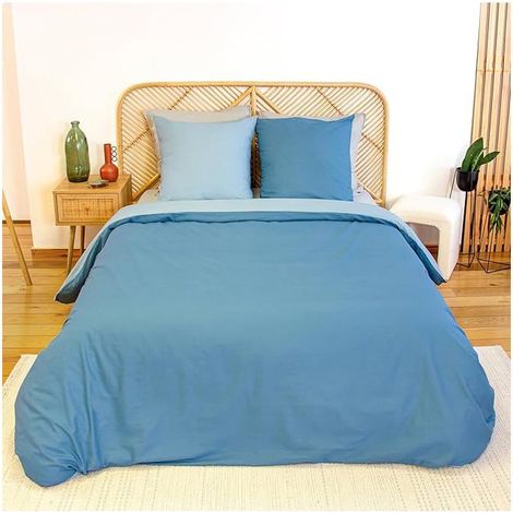 Parure de lit - CÔTÉ DÉCO - Coton Bicolore - 220x240 cm - 100% coton - Réversible bleu/bleu clair