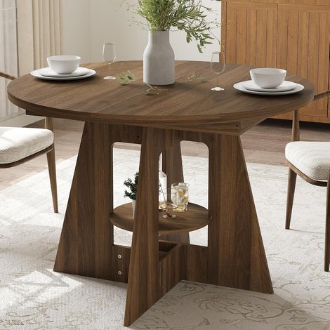 Table à manger ronde marron 120 cm plateau MDF anti‑rayures entretien simple, piètement croisé étagère rangement 4 personnes cuisine salle à manger (1/5)