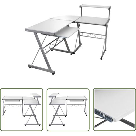 The Living Store Bureau d'ordinateur d'angle Blanc 132x112x99 cm Bois ingénierie - Bureau Informatique - Bureau Angle - Bureau Design - Meuble De Bureau - Bureau Blanc (1/5)