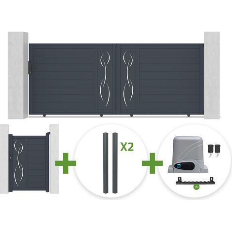 Portail coulissant 3,5m LIFE H.140cm gris + Portillon 1m LIFE H.140cm gris + 4 poteaux ELDA + motorisation Ranger C300 (1/5)