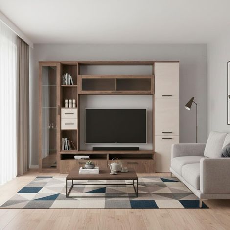Parete Attrezzata Mobile Soggiorno Moderno Con Base TV 2 Ante Pensile 4 Ante e 2 Mensole Design Contemporaneo in Melaminico Facile da Pulire 200 x 194 x 40 cm Bianco - Colore: Noce Spatolato (1/5)