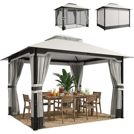 Tonnelle de jardin avec double toit, 4 parois et moustiquaire pour terrasse extérieure, 360 x 300 x 279 cm, gris clair (1/5)