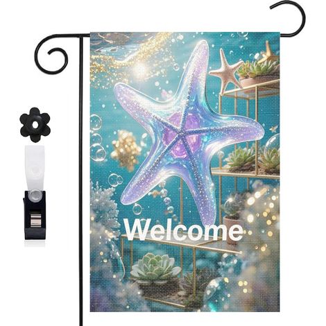 Drapeau de jardin bienvenue 30 x 45 cm motif baleine et bulles marines toile double face extérieure (1/5)