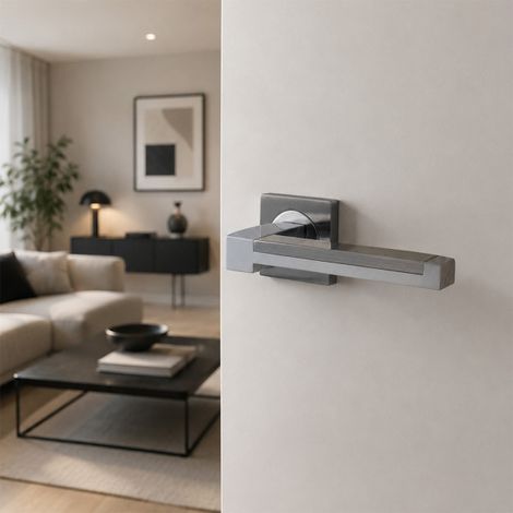 Ouvre&Déco - 2 poignées de porte ZOE sur rosaces carrées – Zamak chrome brillant – Inserts interchangeables – Fixation invisible – Style contemporain (1/5)