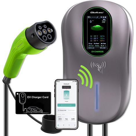 Stazione di ricarica per veicoli elettrici Qoltec 2 in 1 Tipo 2 22 kW Wi-Fi Tuya LCD RFID Trifase Wallbox 5 m (1/5)