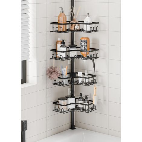Etagere Douche, Etagere Telescopique Douche Sans Percage(86-298CM), Tablette d'Angle Réglable en Hauteur avec 4 Paniers, salle de bain, cuisine (Noir)