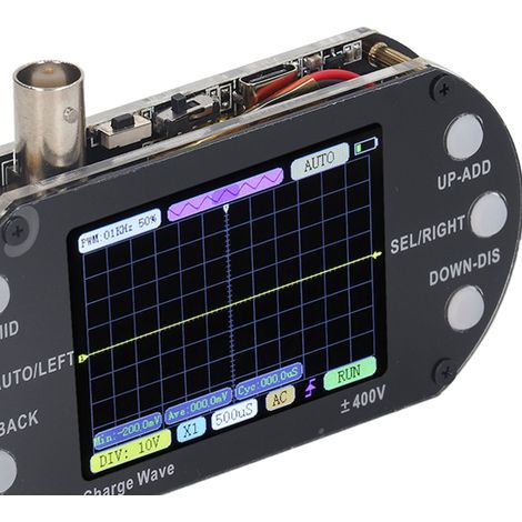 Oscilloscope portable avec écran TFT 2,4 pouces, résolution 320 x 240, fréquence d'échantillonnage de 2,5 MHz et bande passante de 500 kHz. (1/5)