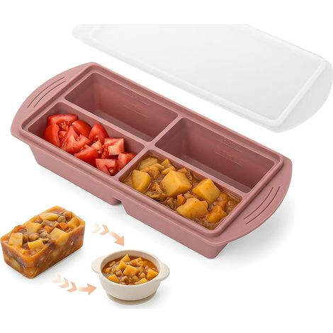 Moule à Bouillon et Purée, Bac Congélation Silicone 4 Cases avec Couvercle Étanche, Sans BPA, Pour Repas, Glaçons, Meal Prep (1/5)