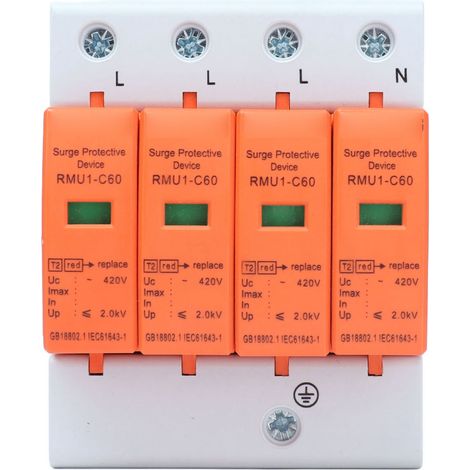 Parafoudre 4P sur rail DIN, protecteur d'ondes avec voyant, AC 420V RMU1‑C60, Imax 60kA. (1/5)
