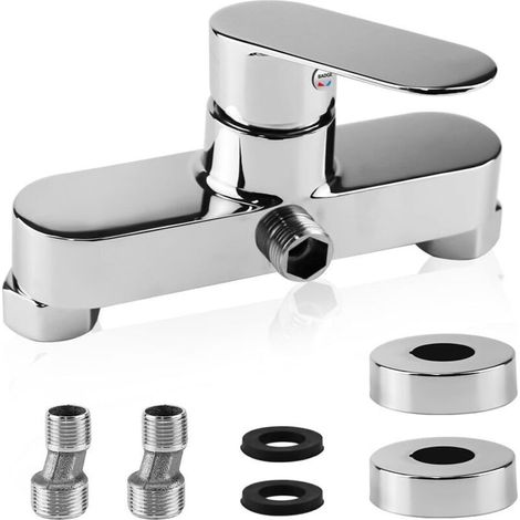 Wall-mounted single-lever mixer tap for shower and bath, chrome finish, G1/2 threaded connection for hose, modern and elegant design