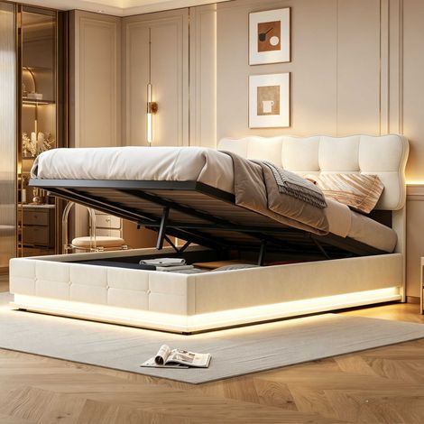 Letto matrimoniale contenitore 140x200 cm in velluto, letto matrimoniale con contenitore pneumatico, LED regolabile, rete a doghe