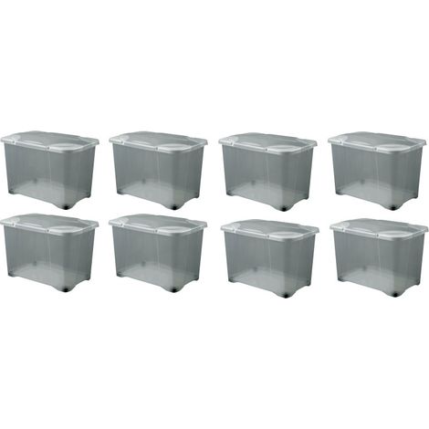 Lot de 8 Boites de rangement 60L roulettes et couvercle charnières - Origine France - Gris Transparent - Livraison gratuite (1/4)