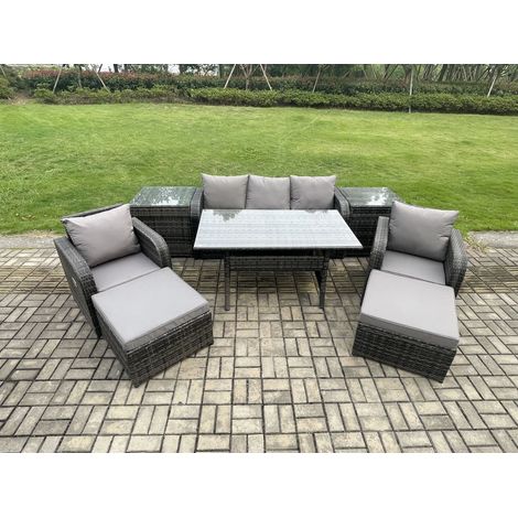 Fimous Rattan Outdoor Garden Furniture Set Rectangular Dining Table and Chair Sofa Set With 2 Side Tables 2 Big Footstool 7 Seater Dark Grey Mixed (1/5)