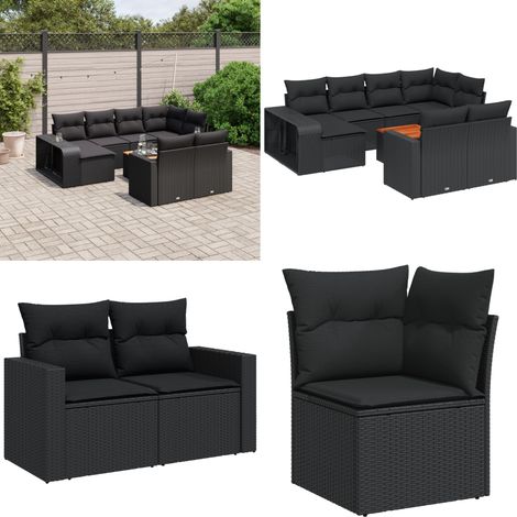 Salon de jardin 11 pcs avec coussins noir résine tressée - Ensemble Salon De Jardin - Mobilier De Jardin - Canapé Extérieur - Table De Jardin - Chaise Lounge - Home & Living