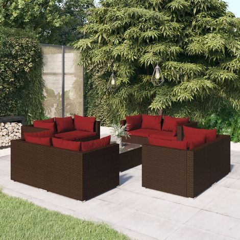 Gartenmöbel Set 9 Teile mit Kissen aus braunem Geflecht (1/5)