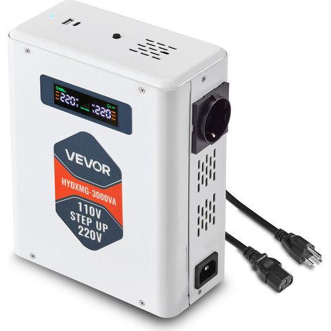 VEVOR Convertidor Elevador de Voltaje 3000 VA, Transformador de Potencia 110 V a 220 V de Alta Resistencia con 2 Tomas de Corriente de la UE, Salida USB, Pantalla LCD, Protección de Temperatura
