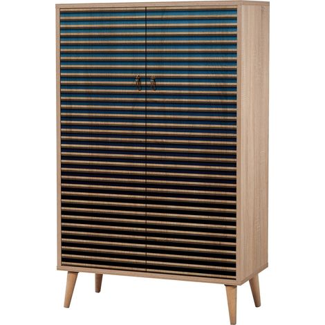 Commode haute 2 portes en bois clair et dégradé bleu Kiza 222 (1/5)