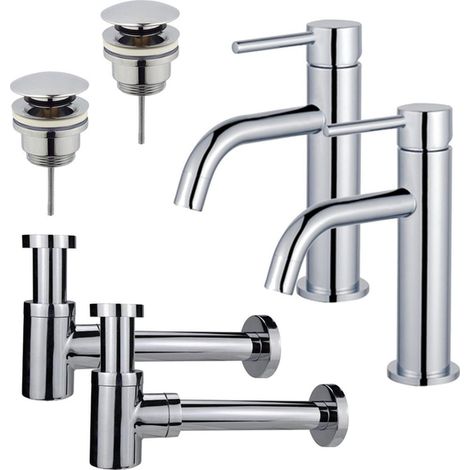 FugaFlow Eccelente Sobrado Slim Kit robinet lavabo - pour double vasque - robinet bas - bonde clic clac - siphon design bas - Chrome brillant (1/4)