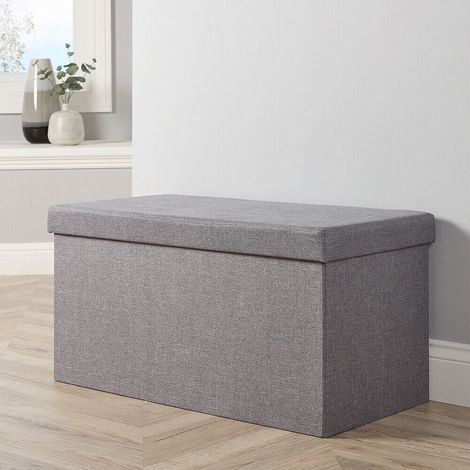 Large Folding Ottoman Grey Linen Fabric Chest Sturdy Storage Space Saving Box (1/5)