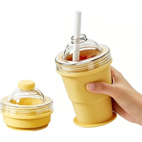 10,2 cm große, kugelförmige Silikon-Eiswürfelform, 2-in-1-Faltbecher, auslaufsicher und wiederverwendbar, ideal für Reisen, Fitnessstudio und Outdoor-Aktivitäten – Gelb (1/5)