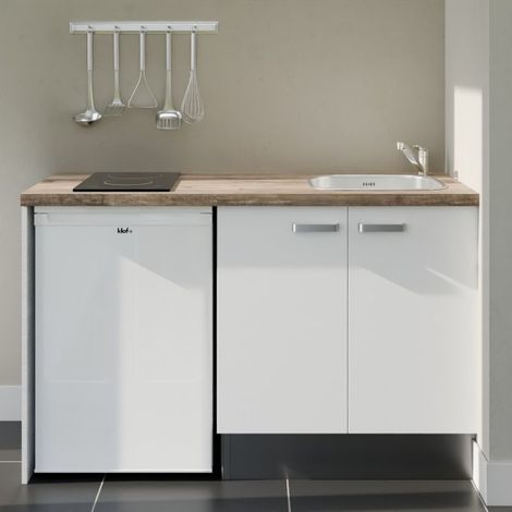 Cuisibane – Kitchenette 140 cm avec plan de travail stratifié et évier inox – Meuble sous évier 80 cm – Façade blanche – Dimensions L 140 x P 63 cm - K17L-PT