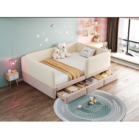 Lit enfant 140x200 cm avec barrière de sécurité périphérique et coins arrondis, tiroir de rangement intégré, tissu velours rose, sans matelas