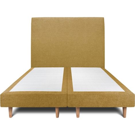Lit 200x200cm avec tĂŞte de lit tapissier tissu et double sommier tapissier jaune - Hauteur totale : 29cm (1/5)
