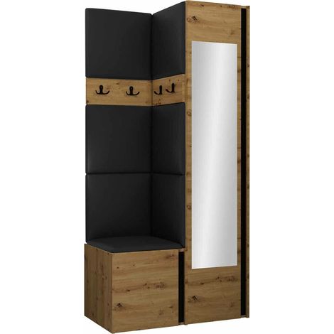 Meuble d'entrée Pinis XXV, Chêne Artisan + Noir, 186x82x46cm, Disponible, Faux cuir, Stratifié, À poser, Murale
