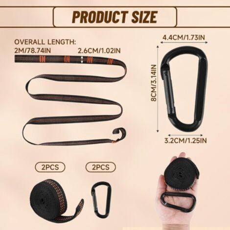 Set di 2 cinghie per amaca con moschettoni - Fissaggio robusto per altalene, campeggio, sedie sospese - Carico massimo 300 kg - Poliestere di alta qualità (1/4)